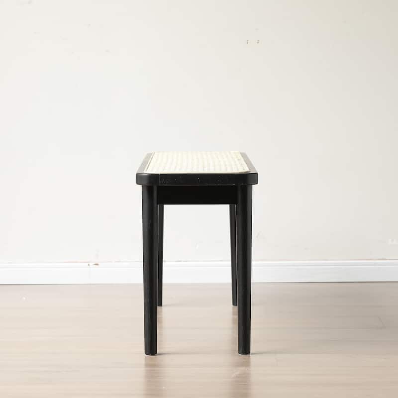 Modern Style Solid Oak Wood Dining Bench with Rattan Detail - Black