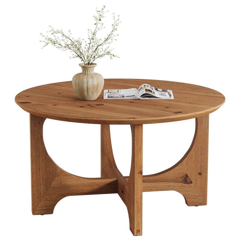 31.5-Inch Solid Wood Coffee Table, Farmhouse Round Center Table