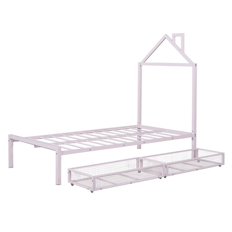 Twin Size Metal Platform Bed with House Design and 2 Storage Drawers