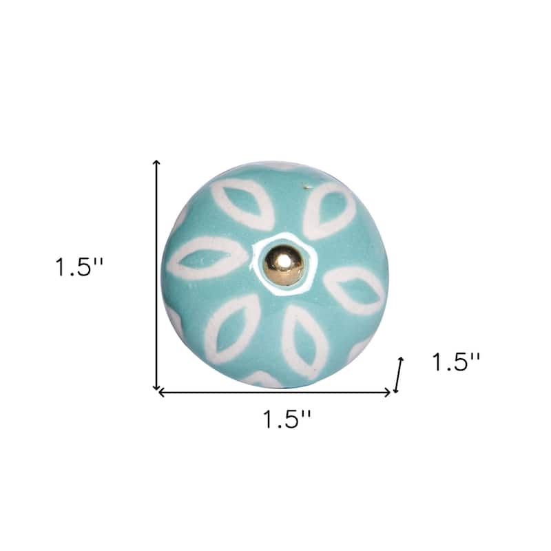 HomeRoots Set of Eight Turquoise And White Ceramic And Metal Drawer Pull Knobs - 1.5' X '1.5' X '1.5