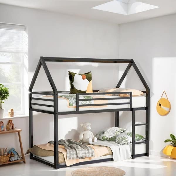 slide 2 of 12, Twin over Twin Bunk Bed with Built-in Ladder, House-shaped Bed wtih Safety Guardrail, Kid's Friendly Style, Black Black