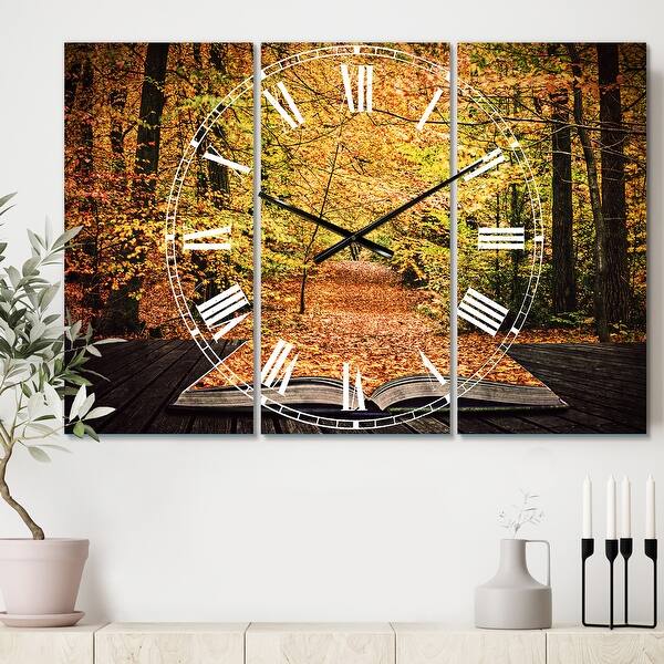 slide 2 of 6, Designart 'Open Book in Autumn' Cottage 3 Panels Oversized Wall CLock - 36 in. wide x 28 in. high - 3 panels