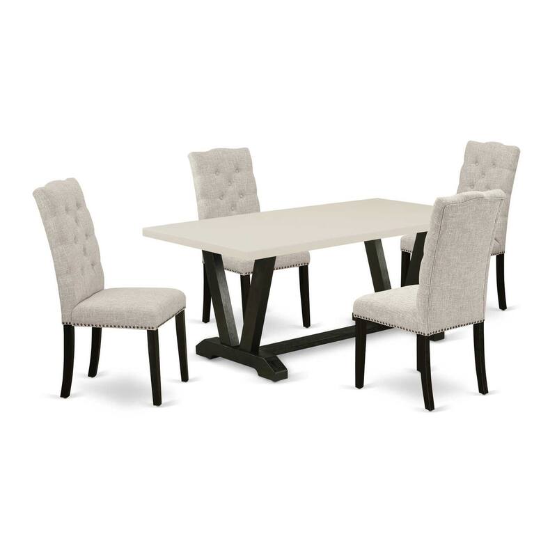HomeStock 5-Piece Rectangle Natural Oak Finish Solid Wood Top Dining Table with 4 Upholstered Chairs with Lattice Back