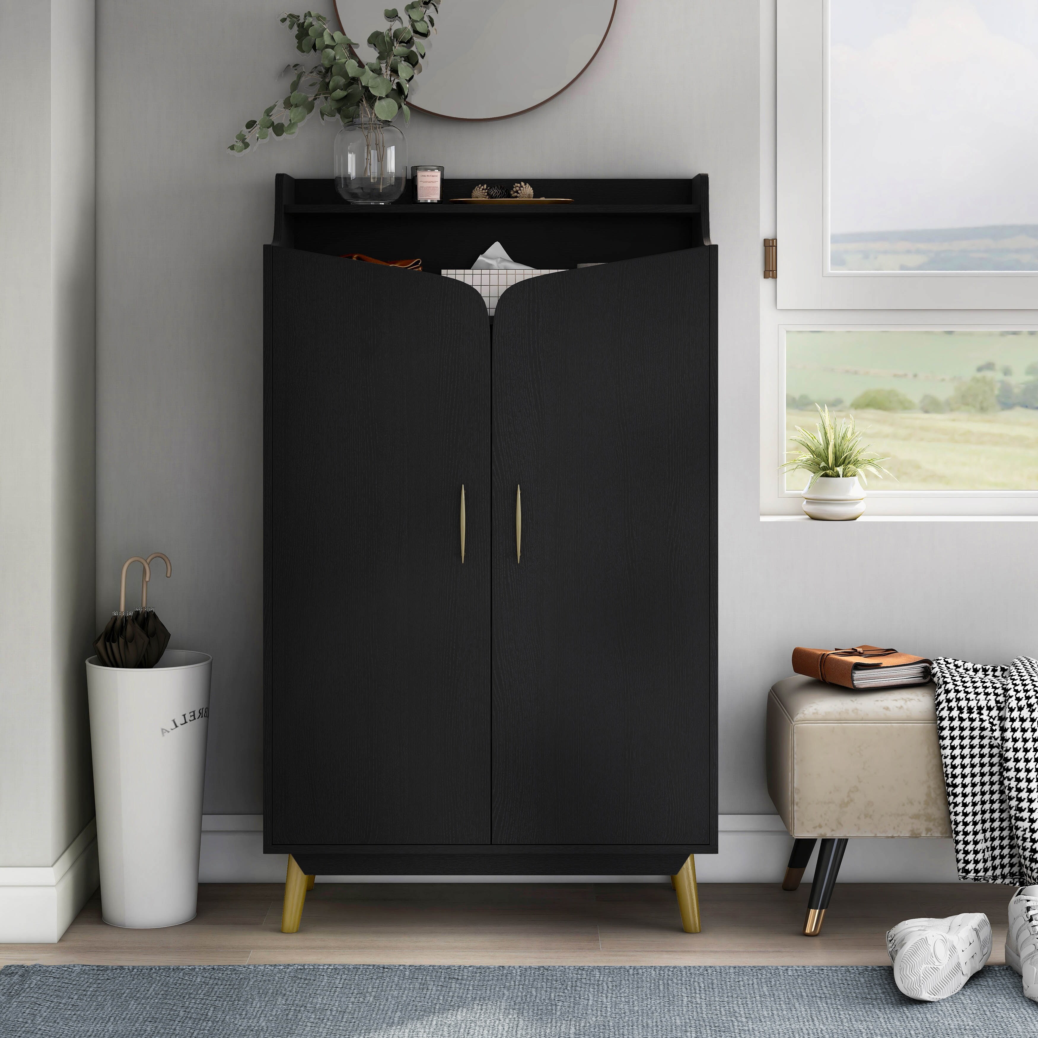 DH BASIC Chic Mid-Century Modern Black with Gold 15-Pair Double-Door Shoe Cabinet by Denhour
