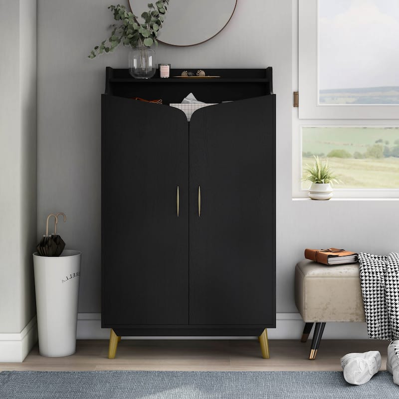 DH BASIC Chic Mid-Century Modern Black with Gold 15-Pair Double-Door Shoe Cabinet by Denhour