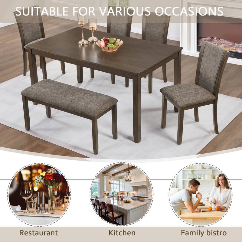 6 Piece Dining Table Set with Bench, Wooden Kitchen Table & 4 Upholstered Chairs, Modern Dining Room Furniture for Family Meals