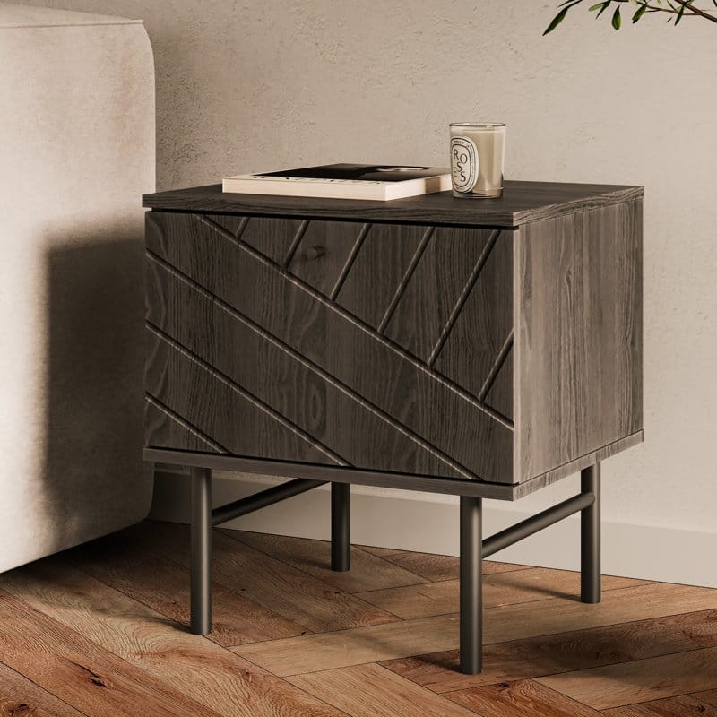 Studio London Amara Side Table - Oak Effect with Drawer and Steel Legs