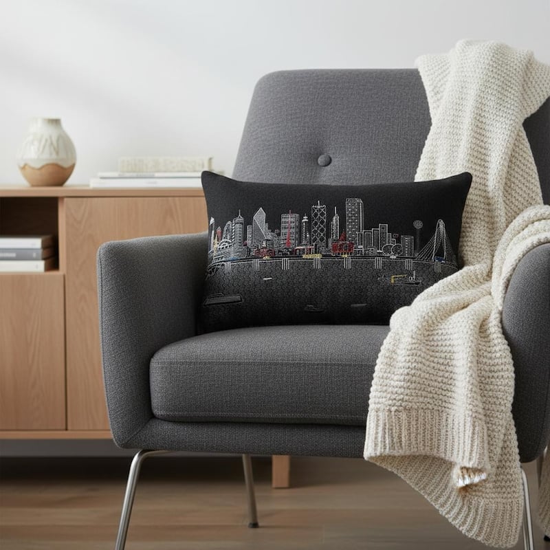 HomeRoots 14" X 24" Dark Gray And White Dallas Nighttime Skyline Lumbar Decorative Pillow