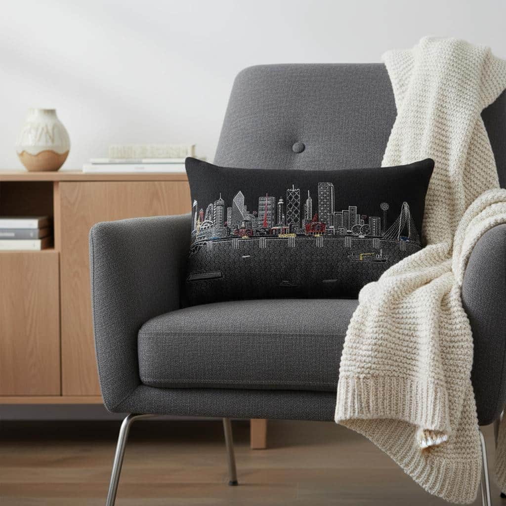 HomeRoots 14" X 24" Dark Gray And White Dallas Nighttime Skyline Lumbar Decorative Pillow