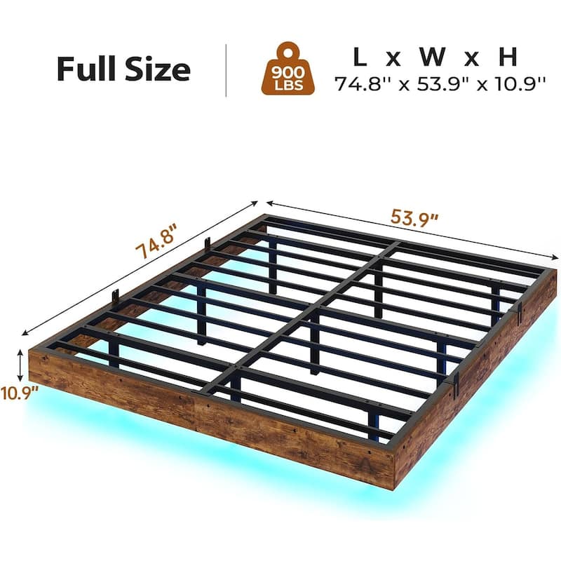 Bed Frame Floating LED Lights Industrial Wooden Metal Platform Bed