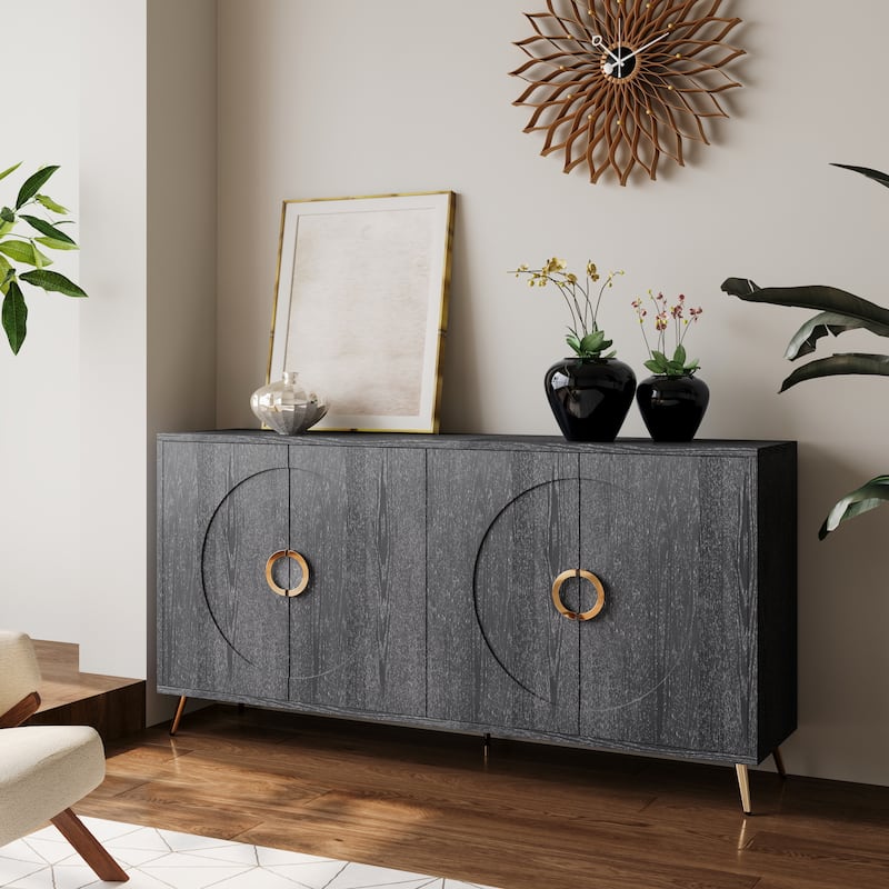 Wooden Four-Door Buffet Sideboard with Adjustable Shelves for Dining or Living Room Storage - Distressed Black