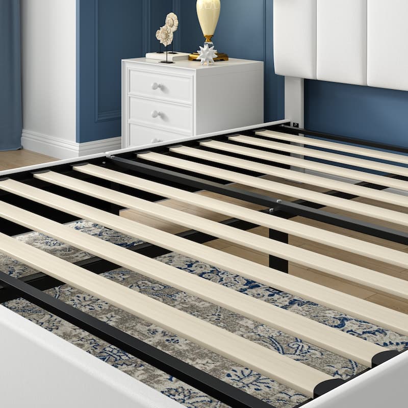 VECELO Platform Bed Frame with Type-C & USB Charging Stations Upholstered Adjustable Headboard Strong Wooden Slats Support