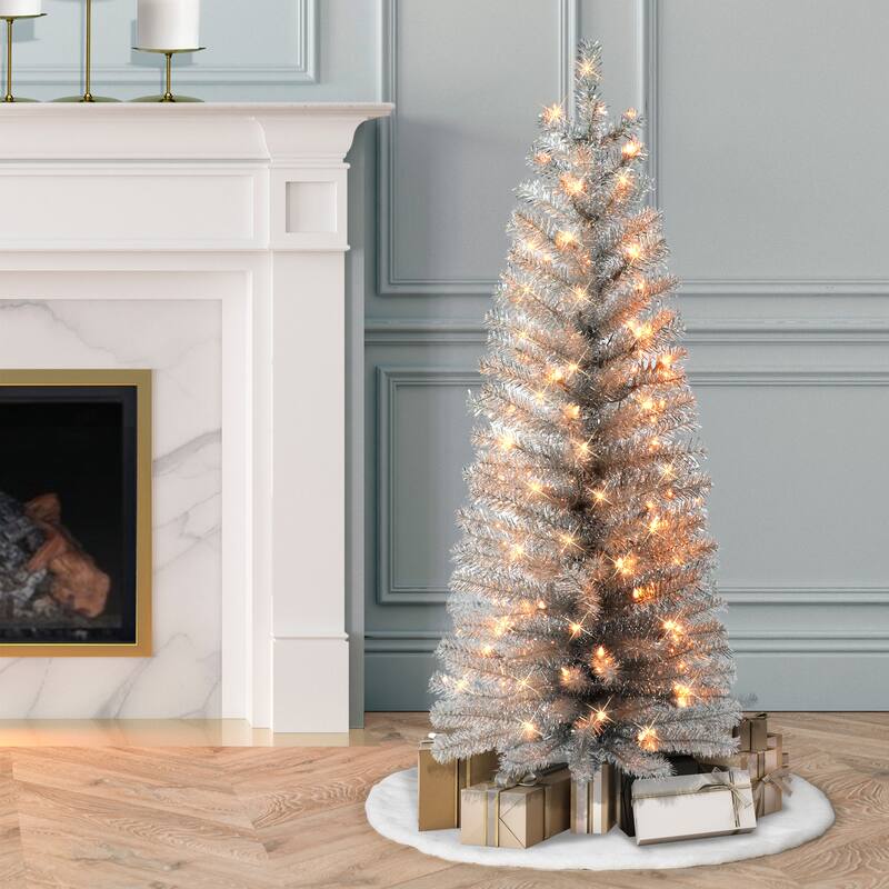 Puleo International 4.5 ft. Pre-lit Silver Tinsel Tree - 4.5 Foot