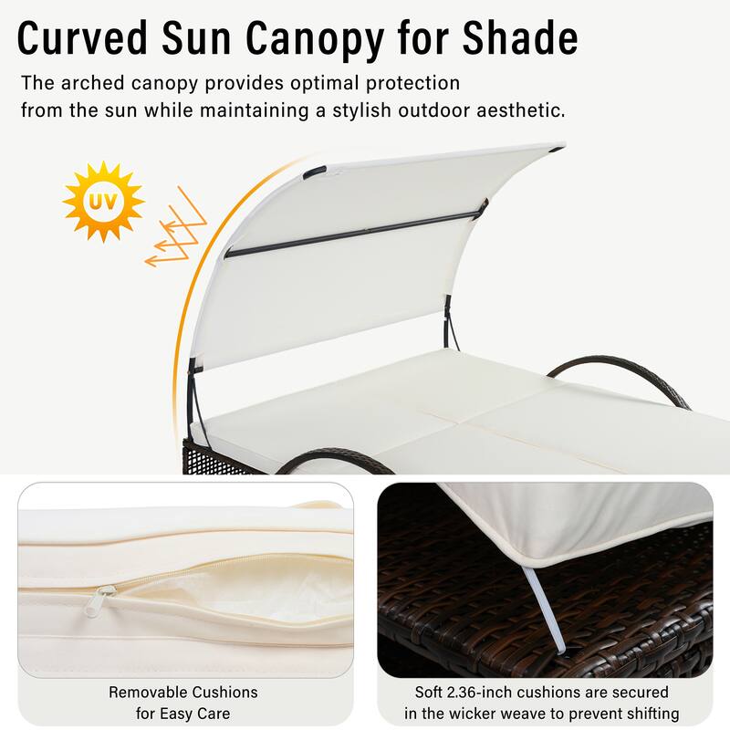 Outdoor Steel Frame Sun Lounger with Adjustable Backrest,Patio Double Sunbed with Hidden Side Table and Arched Armrests