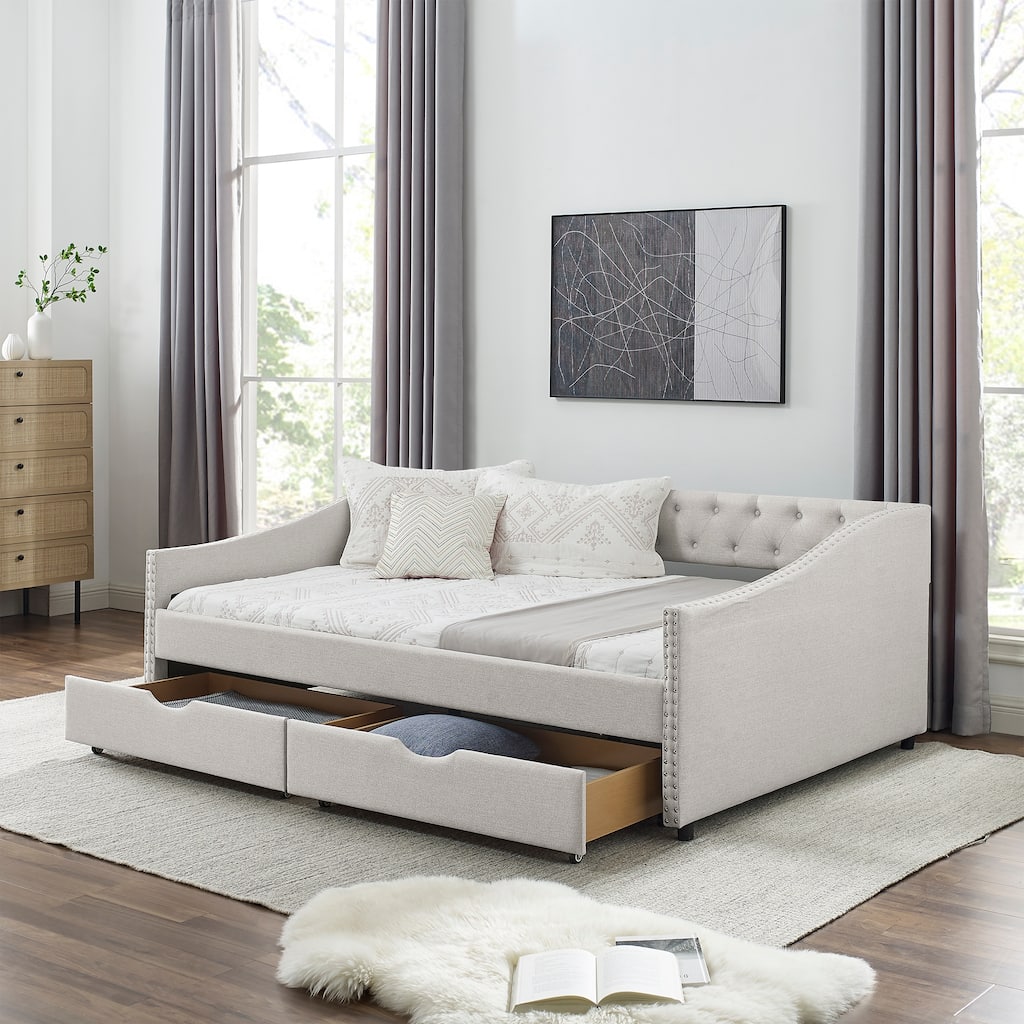 Roomfitters Full/Queen Size Upholstered Daybed Frame with Two Storage Drawers Diamond Tufted Sofa Bed Nailhead Trim