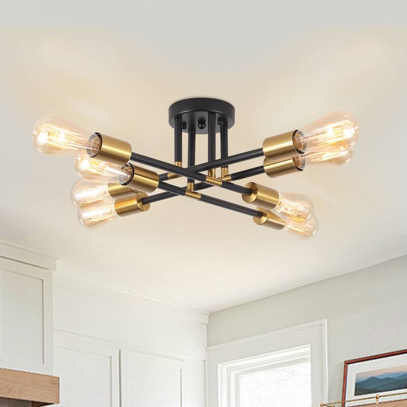 8-Light Industrial Semi Flush Mount Ceiling Light for Kitchen Dining Room Living Room - Black+Gold - N/A - Black+Gold