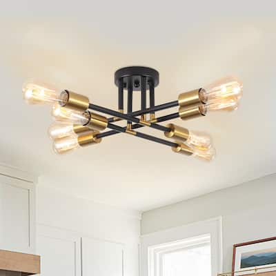 8-Light Industrial Semi Flush Mount Ceiling Light for Kitchen Dining Room Living Room - Black+Gold - N/A