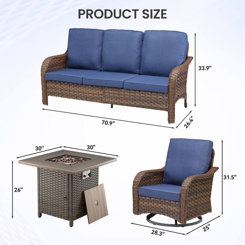 Pocassy Patio Funiture Sofa Swivel Chair Ottoman with Fire Table Set