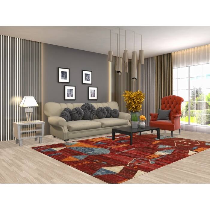 Geometric Moroccan Oriental Area Rug Handmade Red Wool Carpet - 6'4" x 8'9"