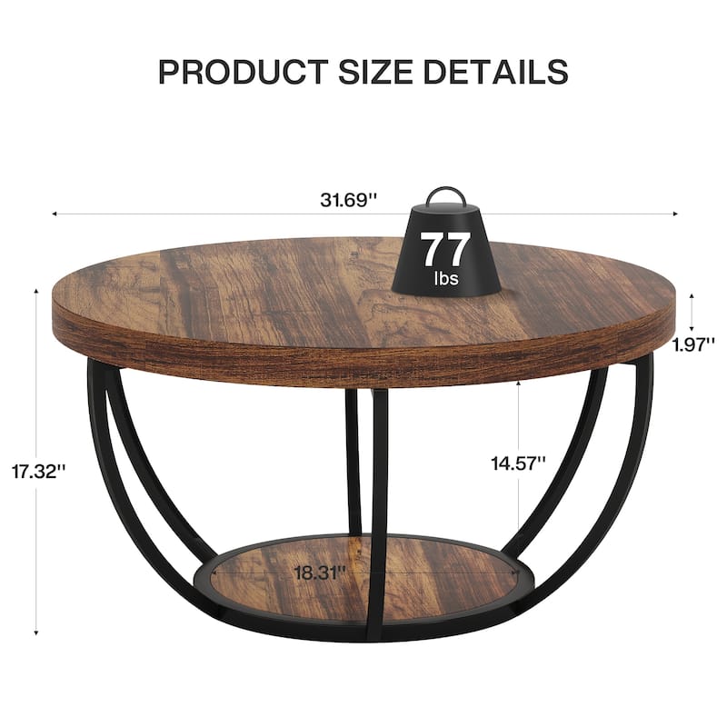 Round Coffee Table, 31.7" Wooden 2-Tier Circle Coffee Table with Storage Shelves, Accent Cocktail Table Center Table