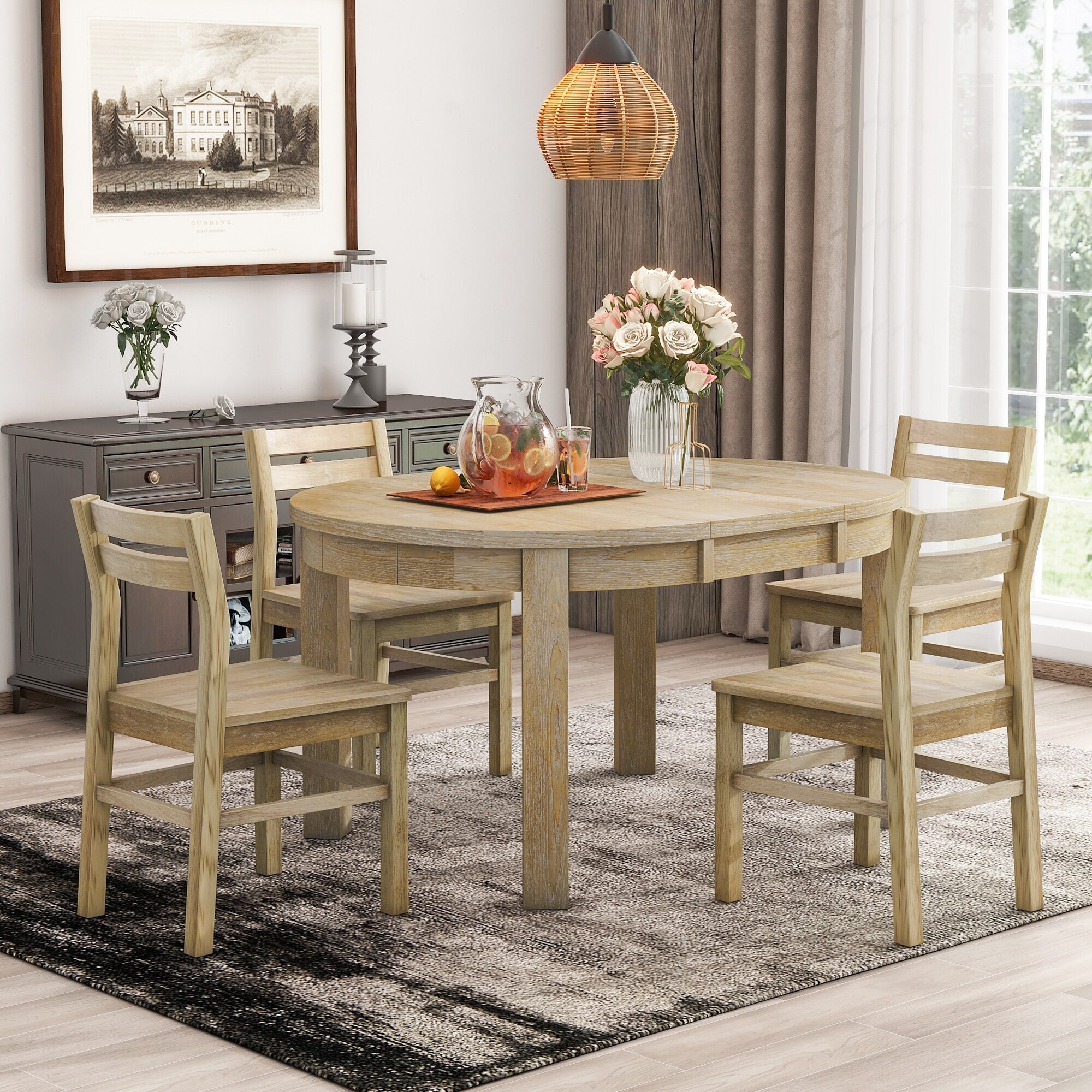 Farmhouse 5-Piece Extendable Round Dining Table Set with Storage Drawers and 4 Dining Chairs,16" Removable Leaf