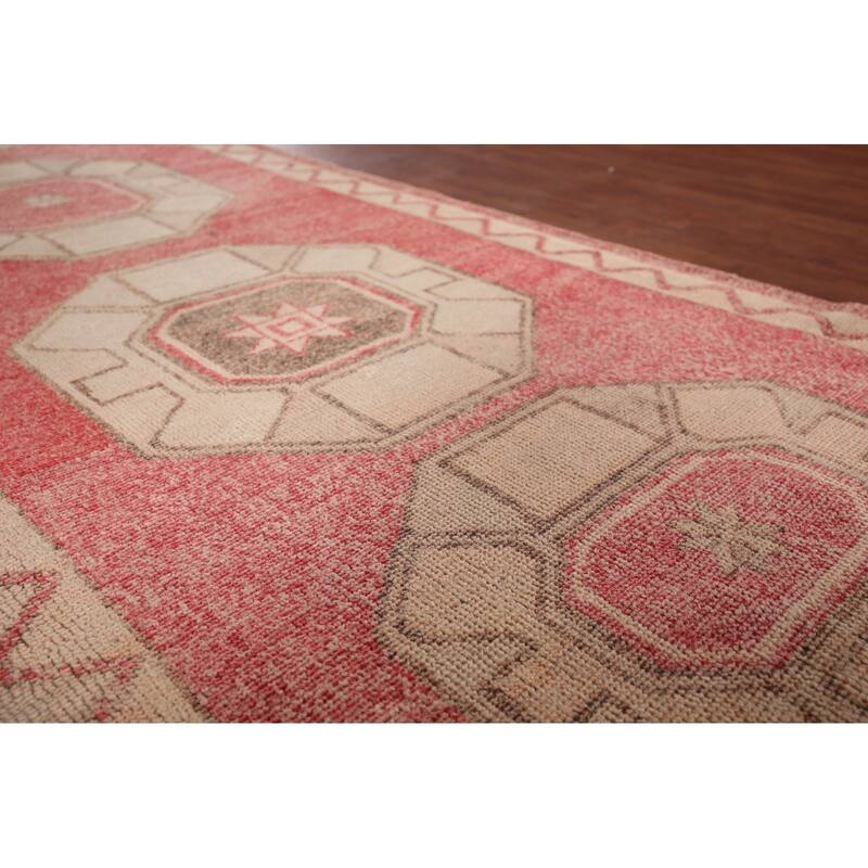 Pink & Red Geometric Anatolian Turkish Runner Rug Handmade Wool Carpet - 3'9"x 12'6"