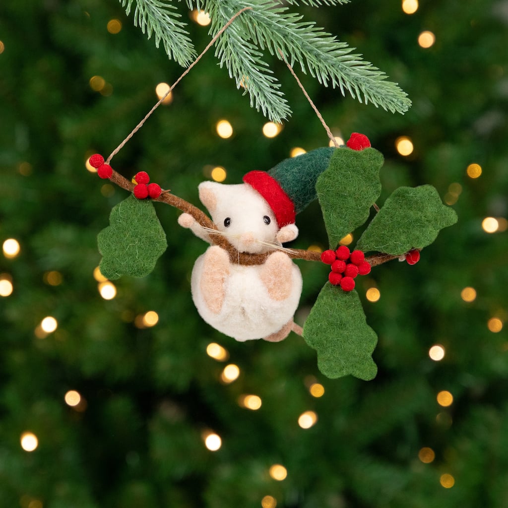 Holly and Berry Mouse Christmas Hanging Decoration - 9" - Green and Ivory