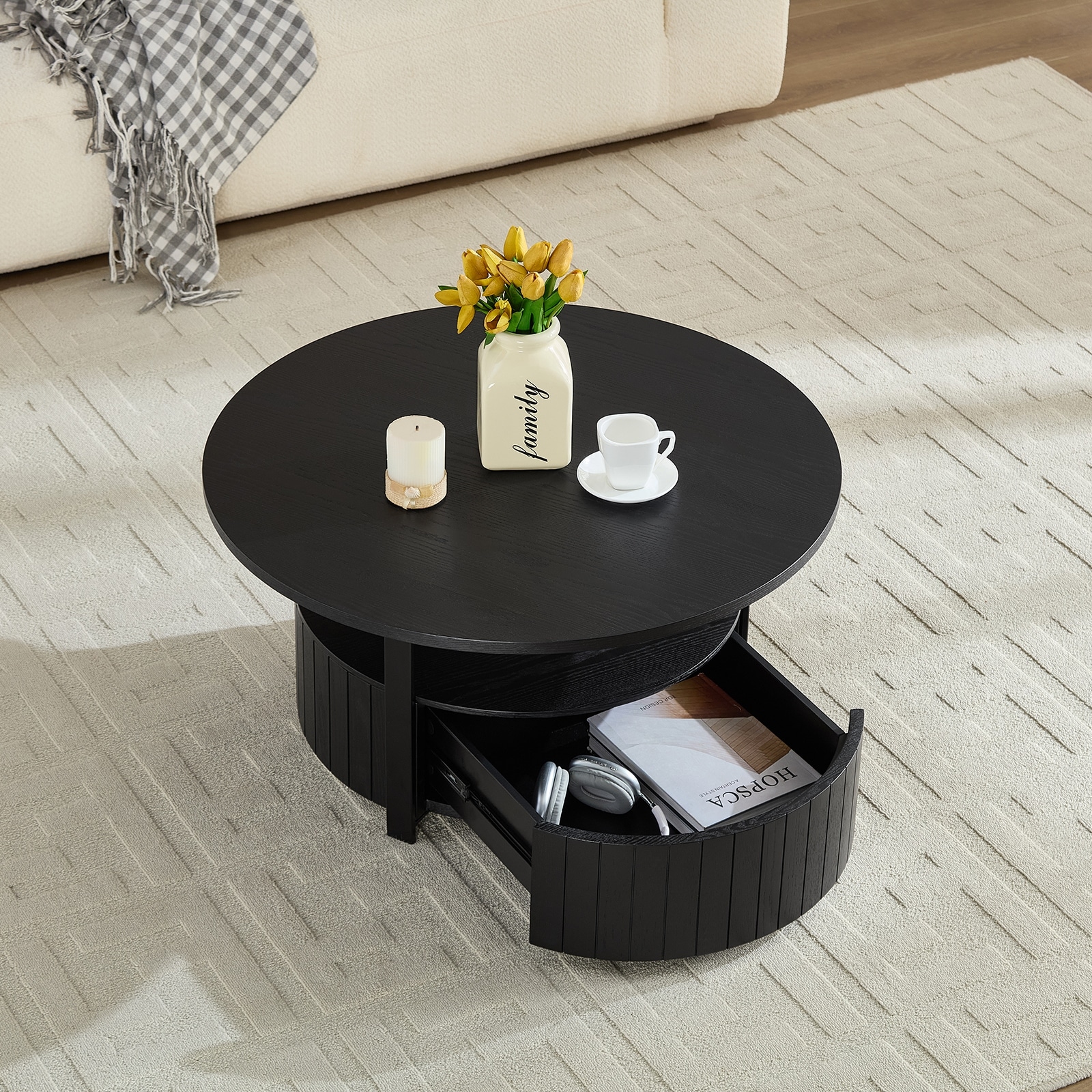 Round Coffee Table with Drawer 33 Inch Black Storage Modern Living Room Table Minimalist Organizer TV Snack Home Furniture