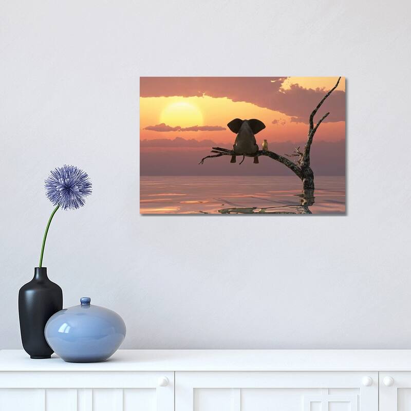 iCanvas "Elephant And Dog Sit On A Tree During A Flood" by Mike Kiev Canvas Print - 12x18x1.5