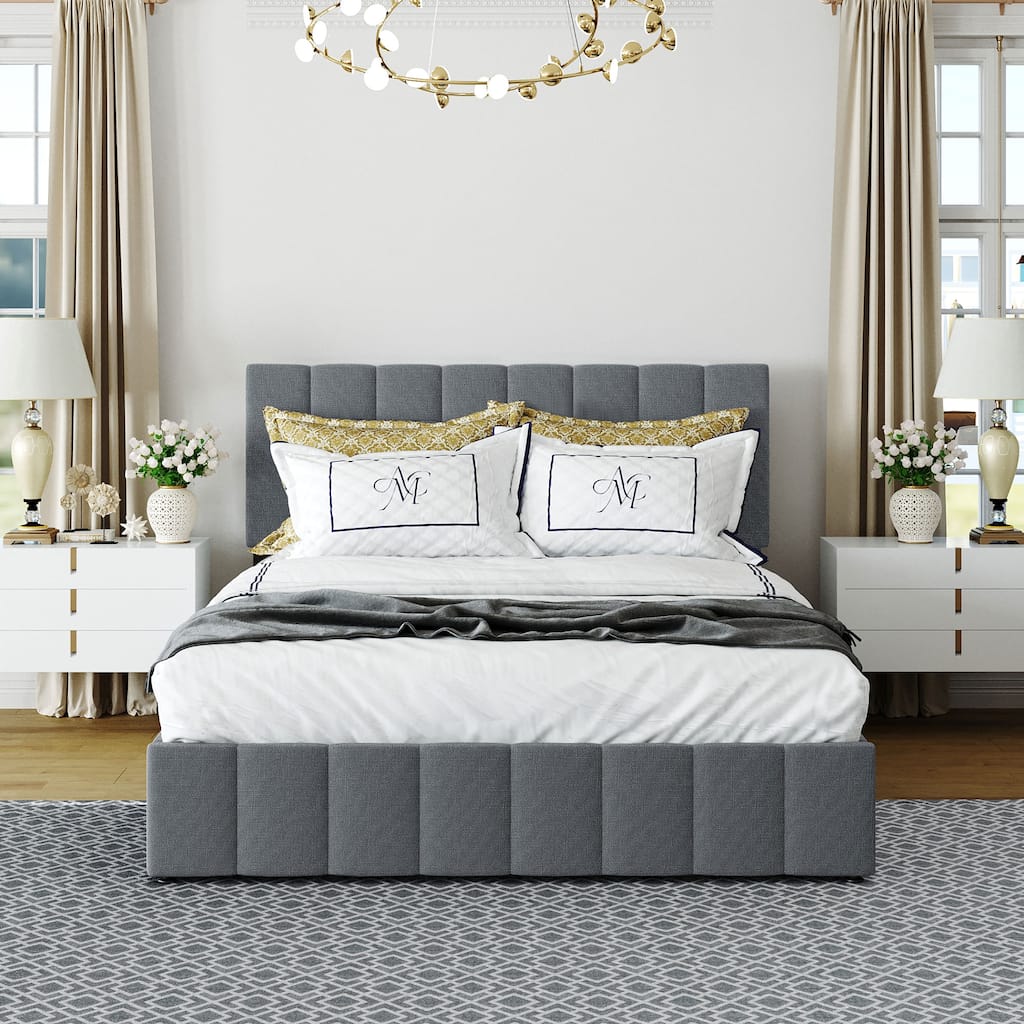 Linen Upholstered Bed Low Profile Platform Bed Storage Bedframe with Hydraulic Storage System, Headboard and Slats Support