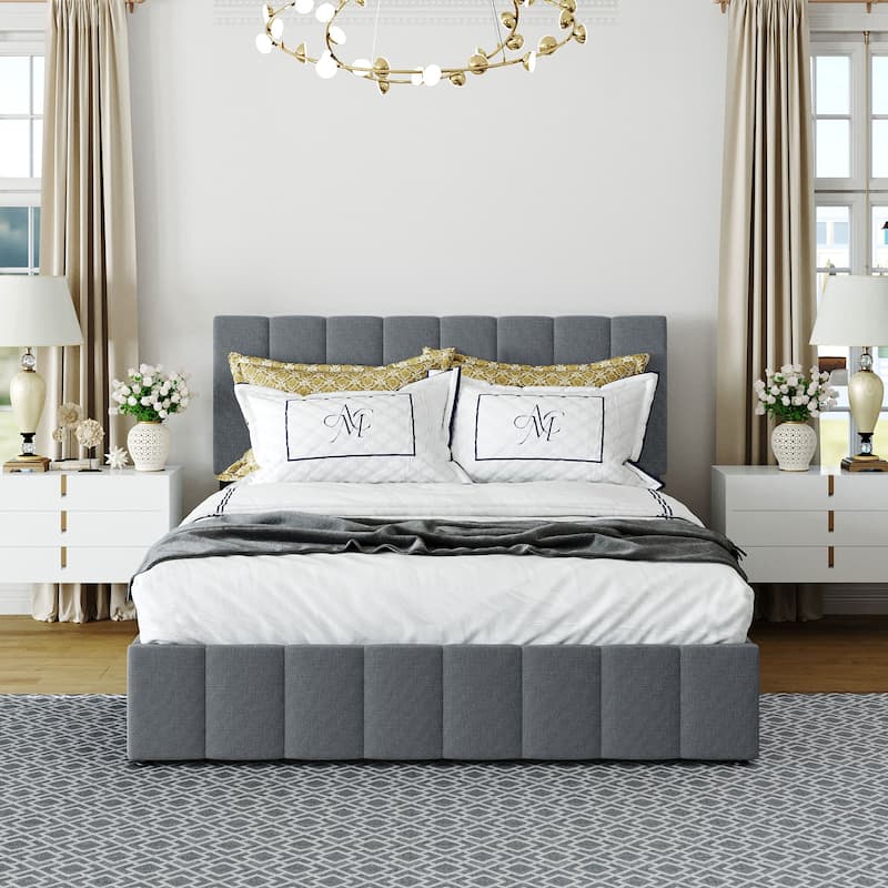 Linen Upholstered Bed Low Profile Platform Bed Storage Bedframe with Hydraulic Storage System, Headboard and Slats Support - Grey - Queen