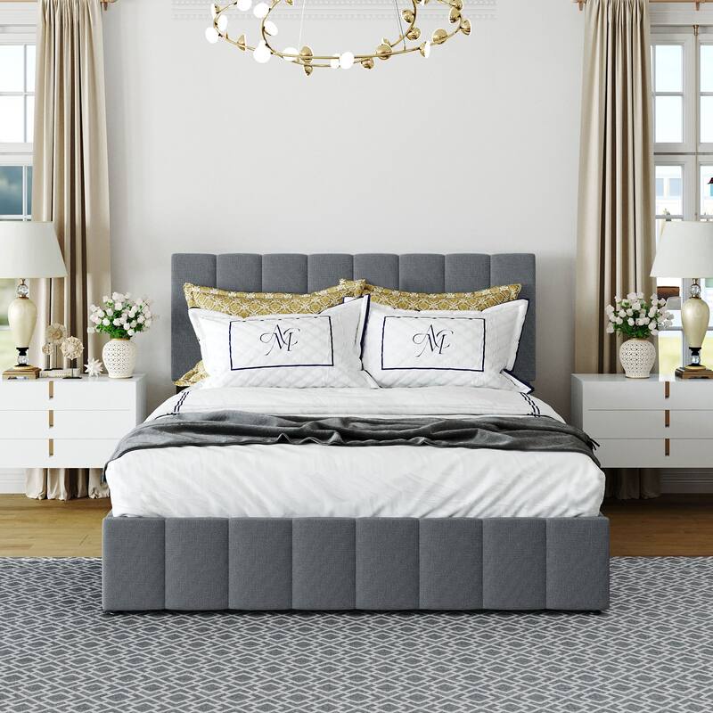 Queen size Upholstered Platform bed with a Hydraulic Storage System - Gray