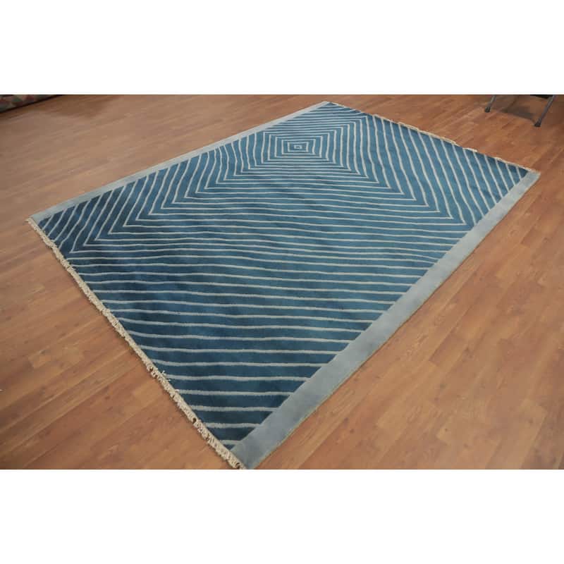Hand-knotted Tribal Wool Blue Geometric Oriental Area Rug - 8' 5'' X 6' 2''