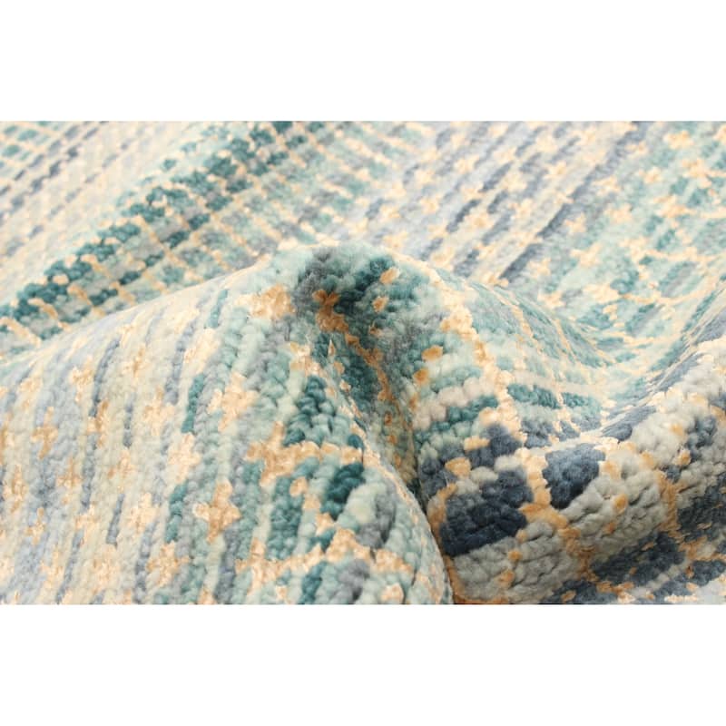 ECARPETGALLERY Hand-knotted Silk Shadow Teal Silk, Wool Rug - 2' 6" x 11' 6"