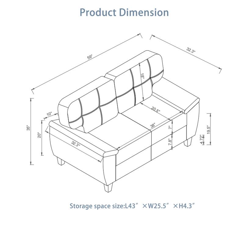 Minimalist Leather Loveseat Sofa Couch with Lumbar Support, 2 Seat Sofa Couch with Storage and Wood Frame