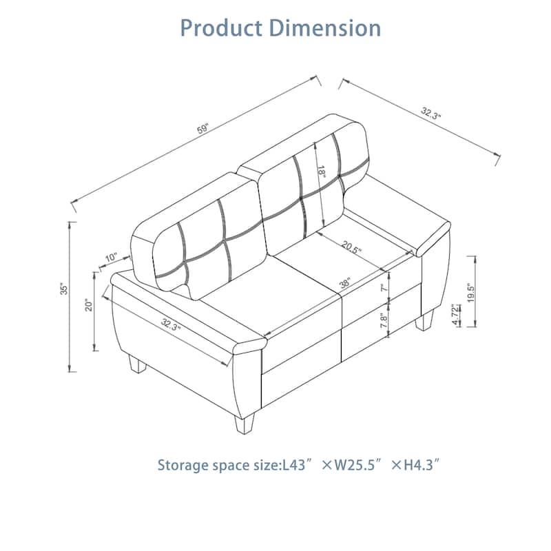 Modern Deep Seat Upholstered Lounge Couch PU Leather Loveseat Sofa with Storage, Wide Cushioned Armrests and Tufted Backrest