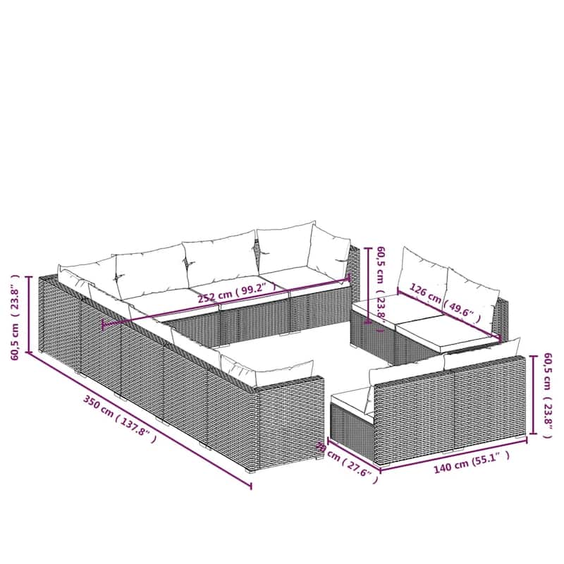 vidaXL Patio Lounge Set Outdoor Sectional Sofa Set Table Garden Poly Rattan - 27.6" x 27.6" x 23.8"
