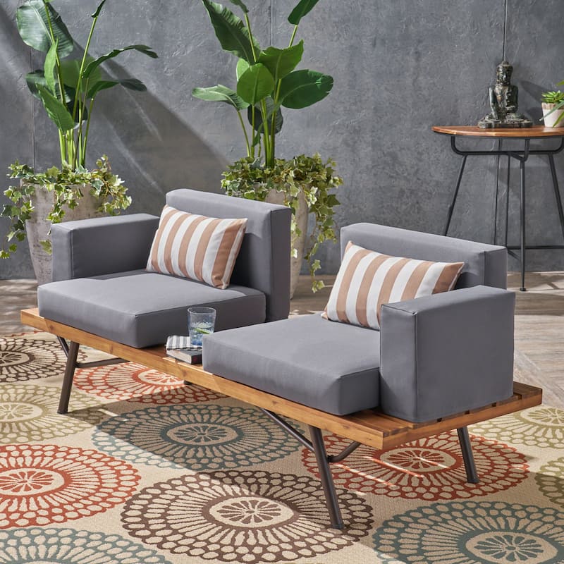 Roomfitters Outdoor Double Seat Lounger with Cushions, Slatted Base and Iron Legs, Grey