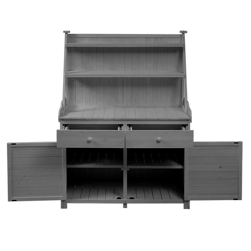 Outdoor Potting Bench Table, Gardening Workstation with Open Storage Shelves, Fir Wood Workstation with 2 Drawers and Cabinet