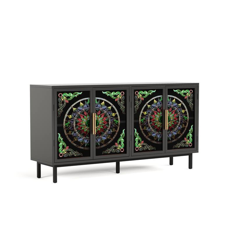 4-Door Accent Cabinet, Painted Glass Buffet Cabinet with Metal Frame