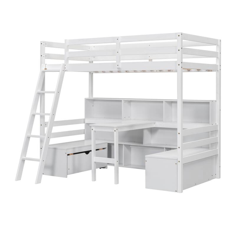 Multifunctional White Loft Bed with Storage, Desk, and Shelves