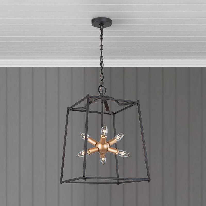 Zenith Modern Transitional Metal Lantern Chandelier Black Gold 6-Light Kitchen Island Pendant Lights - D 14" x H 20"