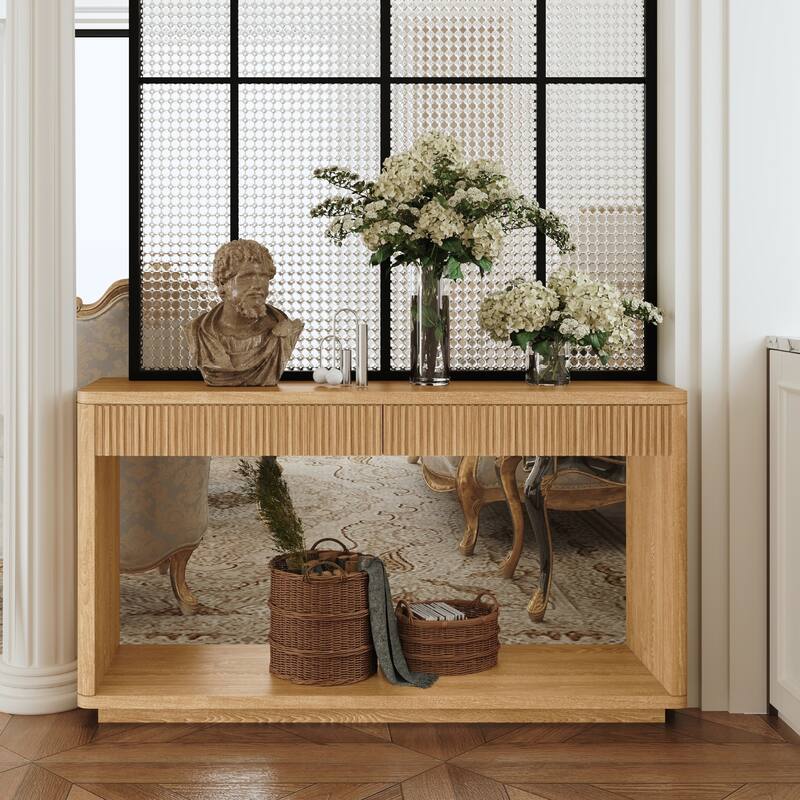 60" Modern 2-Drawer Fluted Console Table Natural Wood Veneer Sofa Table Behind Couch Table for Living Room, Hallway, Entryway - Natural - Wood