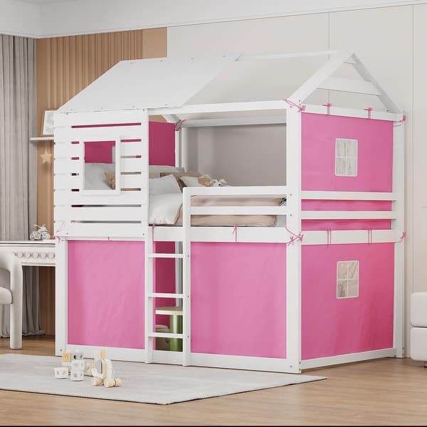 slide 2 of 19, Pink+White Full Size Solid Wood House Bunk Bed with Tent & Ladder Full - Pink+White