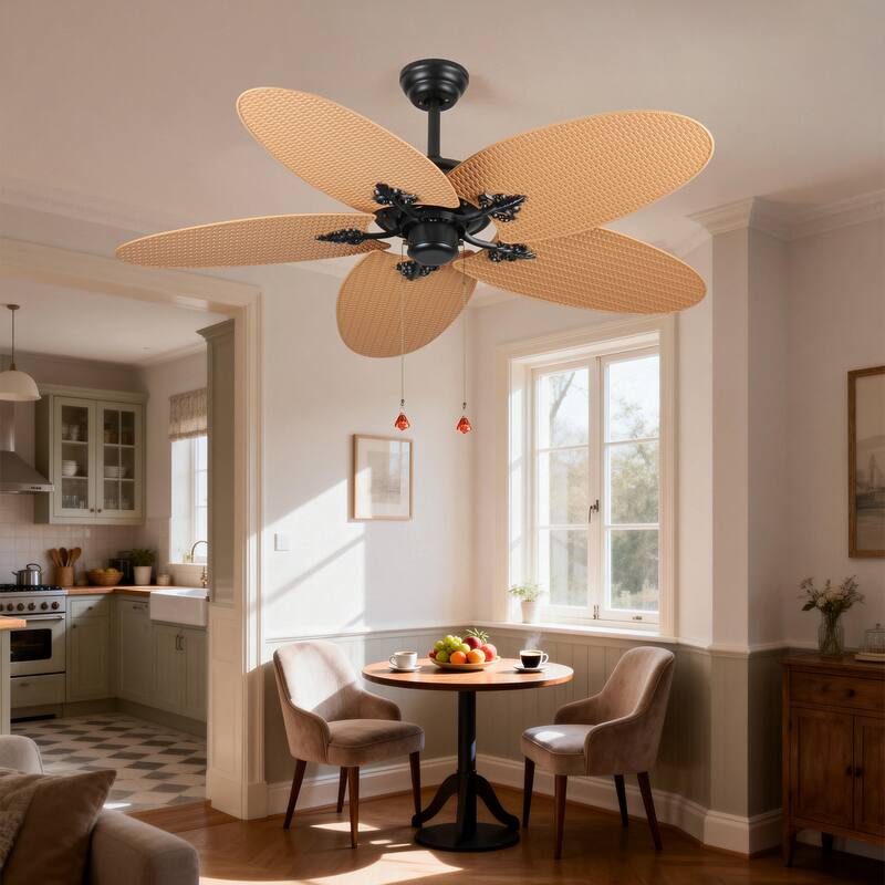 52"Tropical Ceiling Fan with 5 Palm Leaf Blades, Indoor/Outdoor No Light Fan, Pull Chain Control, Dual Mounting Options