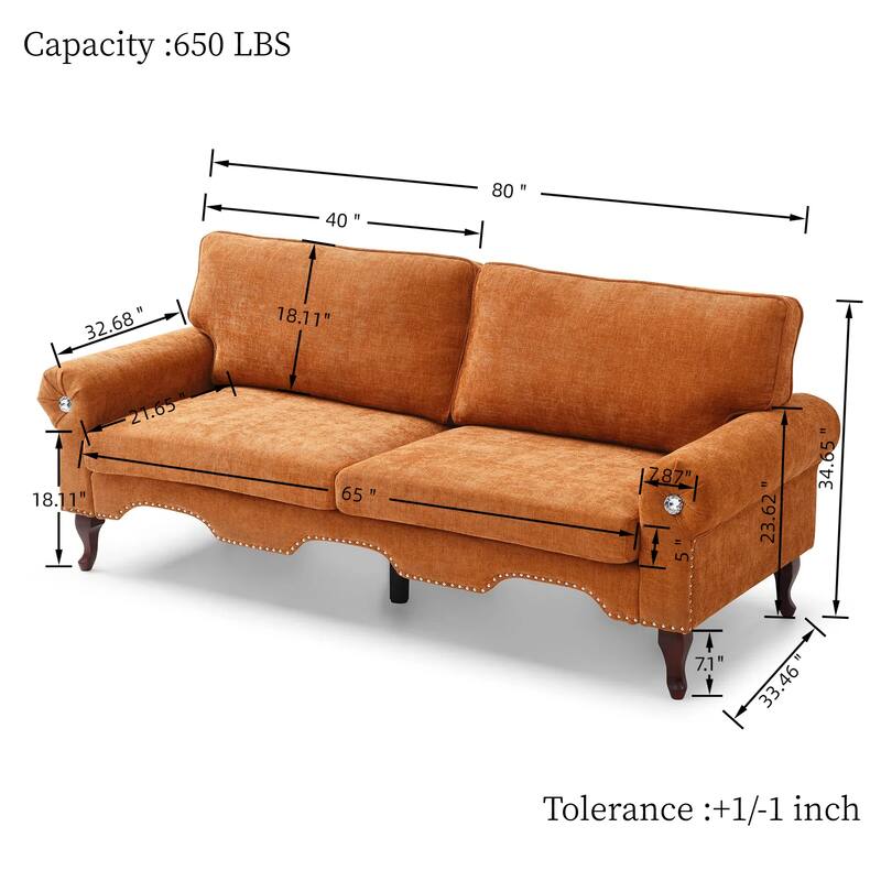 80-Inch Orange Linen 3-Seat Sofa with Wooden Legs, Crystal Button and Copper Nail for Living Room, Bedroom or Office