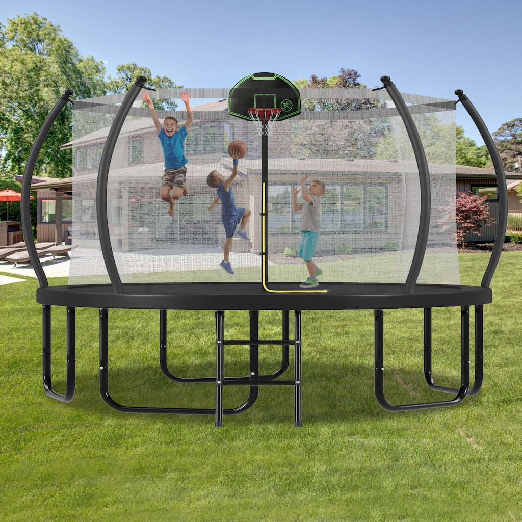 14FT Trampoline with Basketball Hoop for Kids and Adults, Round Outdoor Trampoline with Enclosure Net & Curved Poles