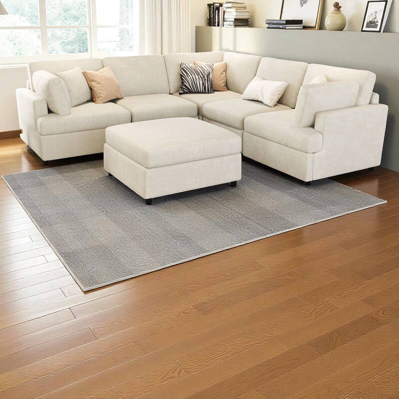 127" U-Shaped Modular Sectional Sofa with Movable Ottoman, 6-Piece Chenille Couch Set with Pine Wood Frame for Living Room