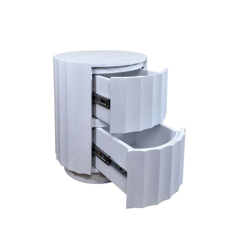 Harrison Vertical Groove Round Scallop Accent Table with 2 Drawers - Solid Wood Rustic Storage Table - White