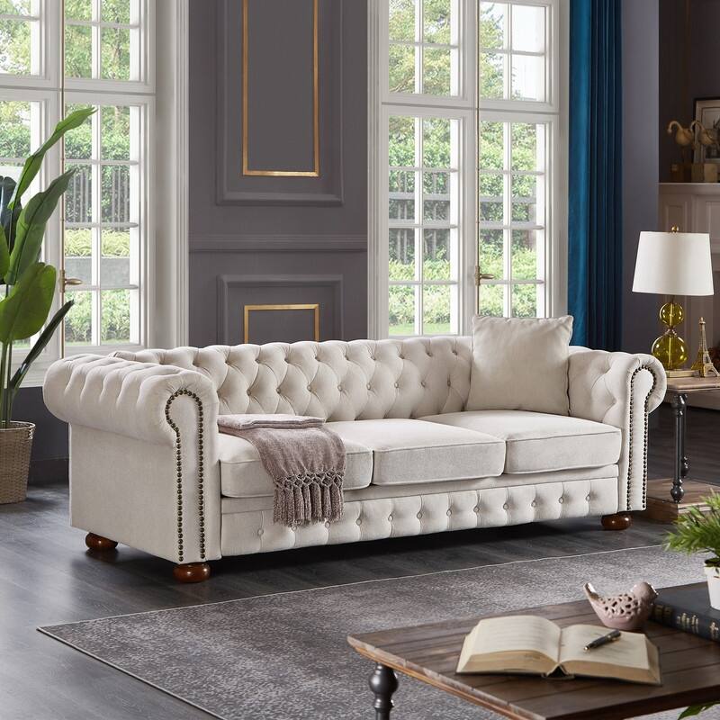 Classic Chesterfield 3 Seater Sofa Upholstered Tufted Back Couch,Linen Fabric,Beige